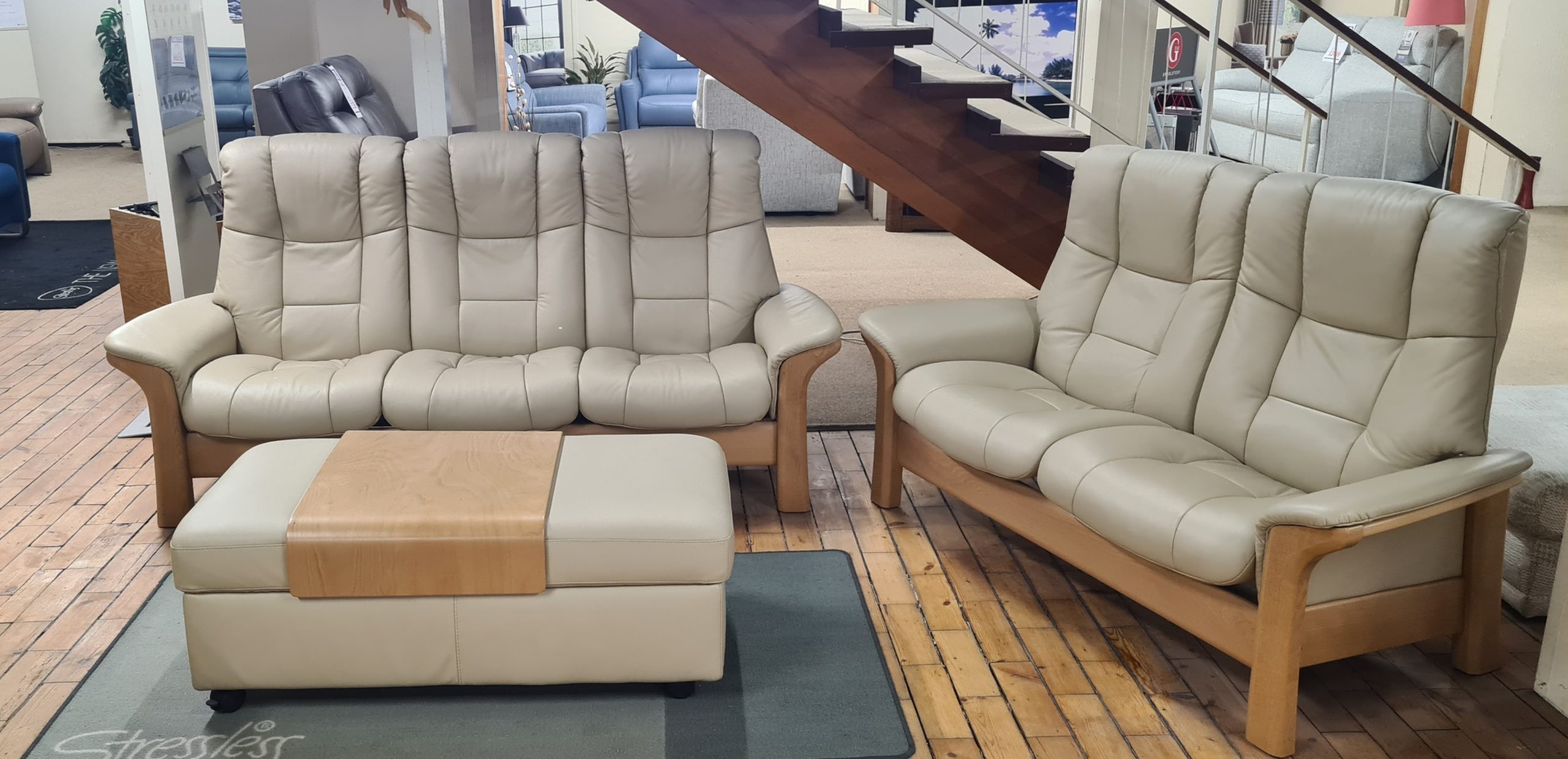 Stressless Windsor Three Seater, Buckingham Two Seater and Ottoman